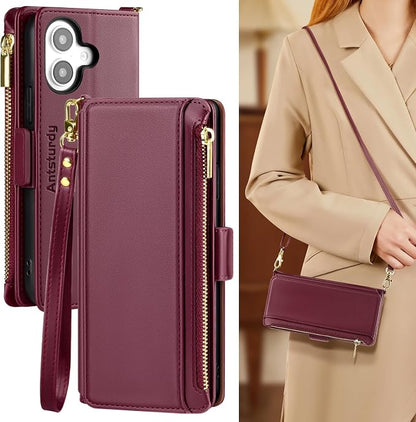 Antsturdy Compatible with iPhone 16 Plus Wallet Case for Women【RFID Blocking】 Crossbody Phone Case PU Leather Zipper with Wrist Strap Flip Cover Credit Card Holder for Apple 16 Plus 6.7",Wine Red