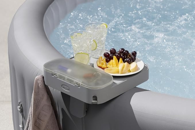 Bestway Lay-Z-Spa 4-in-1 Accessory Table for Hot Tubs, Side Tray for Tablet, Phone, Drinks and Snacks, Adjustable Universal Fit with Cup Holders, Grey