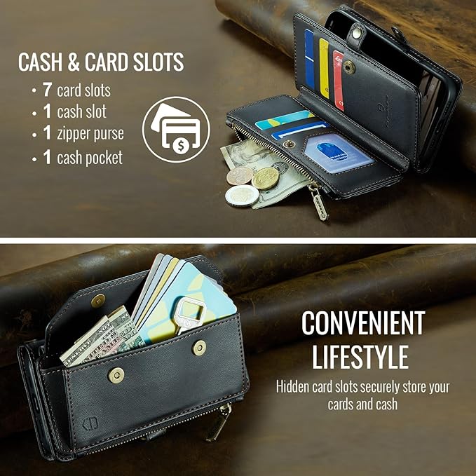 Strapurs Crossbody Wallet Case Compatible with iPhone 17e / iPhone 16e RFID Blocking 7-Card Holder PU Leather Magnetic Snap Shoulder Strap Zipper Pocket Phone Cases for iPhone 17e / 16e - Black