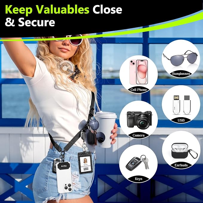 Azrra Adjustable Crossbody Cell Phone Lanyard for iPhone with Phone Tethers & Retractable ID Badge Card Holder (Bling Black)