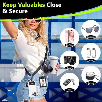 Azrra Adjustable Crossbody Cell Phone Lanyard for iPhone with Phone Tethers & Retractable ID Badge Card Holder (Bling Black)
