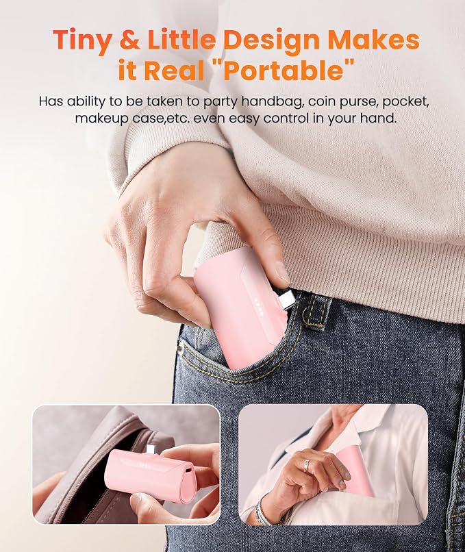 Mini Pink USB C Portable Battery Charger for iPhone 15 Pro Max, 4800mAh Little Charger Battery Pack Compact Power Bank Back Phone Charger for iPhone 15/16/Samsung Galaxy S22/Note 20/Google/Pixel