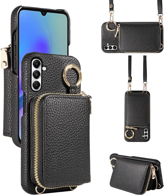 Wallet Case for Samsung Galaxy A34 5G with Shoulder Strap Ring Buckle, Luxury PU Leather Zipper Flip Organ Purse Credit Card Holder Stand Full Body Cell Phone Cover for A 34 34A Women Men Black
