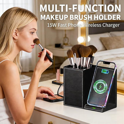LADSTAG Makeup Brush Holder,Leather Makeup Brush Holder Organizer with phone charging stand，Makeup Organizers Countertop, Makeup organization and Skincare Storage for Vanity, Desktop, Bathroom