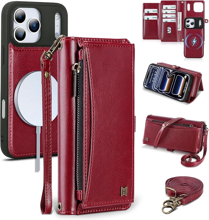 Wallet Case for iPhone 17 Pro with Card Holder/Crossbody Wallet/Strap,[RFID Blocking][Magnetic] PU Leather Phone Case for iPhone 17 Pro,6.3 in,Wine Red