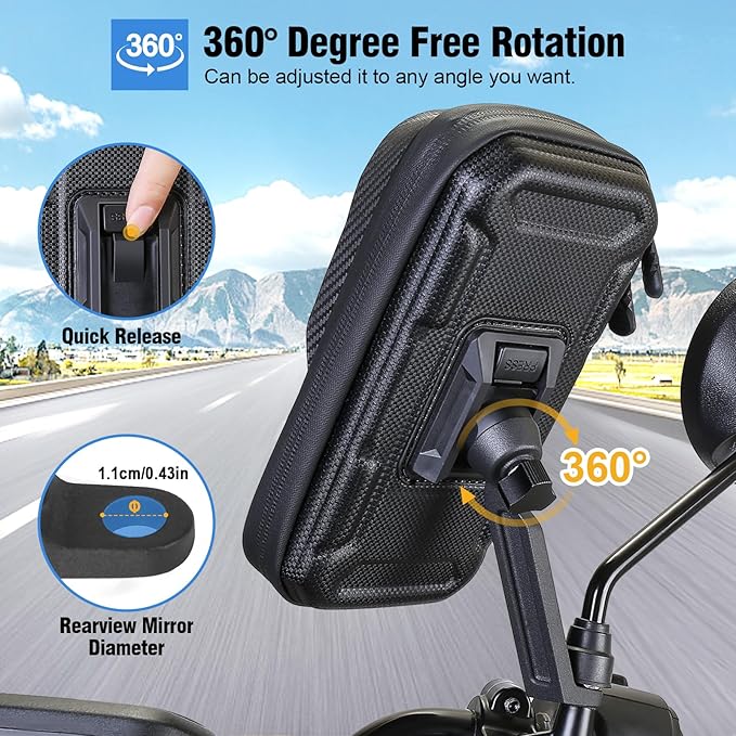 Waterproof Motorcycle Phone Mount 360° Rotation Motorcycle Rearview Mirror Phone Holder Anti-Shake Large Capacity Motorcycle Cell Phone Holder with Sun Visor and TPU Touch Screen
