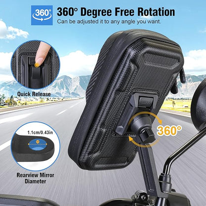 Waterproof Motorcycle Phone Mount 360° Rotation Motorcycle Rearview Mirror Phone Holder Anti-Shake Large Capacity Motorcycle Cell Phone Holder with Sun Visor and TPU Touch Screen