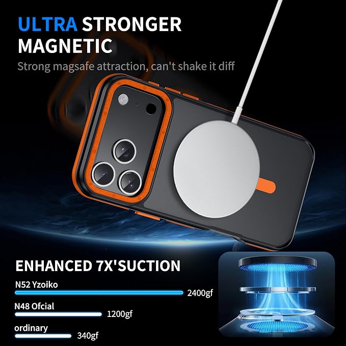 Strong Magnetic for iPhone 17 Pro Case with 1x Screen Protector + 1x Camera Cover [Military-Grade Protection] Compatible with MagSafe Slim Thin Phone Cover for iPhone 17 Pro 6.3 inch, Orange Bumper