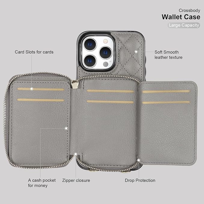 Bocasal Crossbody Wallet Case for iPhone 15 Pro Max, RFID Blocking PU Leather Zipper Handbag Purse Flip Cover, Kickstand Folio Case with Card Slots Holder Wrist Strap Lanyard 5G 6.7 Inch (Grey)