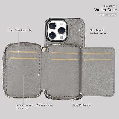 Bocasal Crossbody Wallet Case for iPhone 15 Pro Max, RFID Blocking PU Leather Zipper Handbag Purse Flip Cover, Kickstand Folio Case with Card Slots Holder Wrist Strap Lanyard 5G 6.7 Inch (Grey)