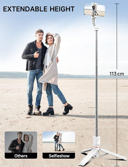 Selfie Stick Tripod with 2 Light, 45" Selfie Sticks with Wireless Remote, Portable Phone Tripod Compatible with 4''-7'' iPhone/Android Samsung Smartphones Selfie Stick for Travel Video Record Vlog