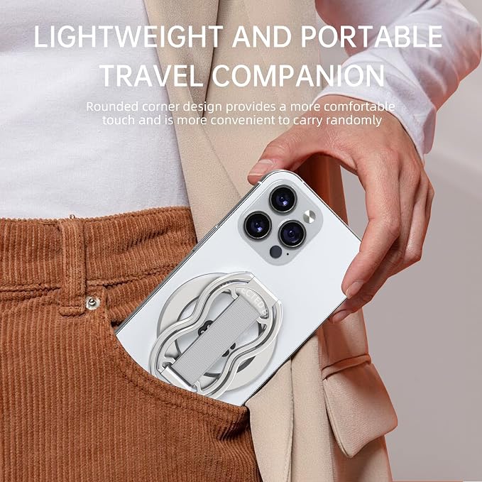 RESPECTED-BRO-Magnetic-Phone-Grip-Stand-with-Finger-Strap, 4-in-1 Magnetic Ring Holder, Kickstand and Elastic Strap for Phones, Universal Fit for iPhone 17/16/15/14/13/12, Android, and Cases (Silver)