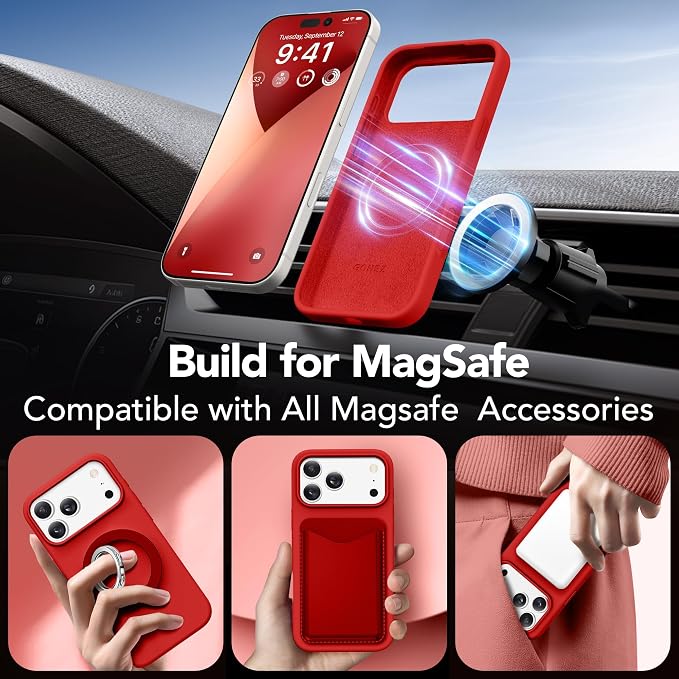 GONEZ Magnetic for iPhone 17 Pro Max Case, Compatible with MagSafe, [Screen Protector + Camera Lens Protector], Liquid Silicone Anti-Scratch Shockproof Protective Phone Case 6.9 inch, Red