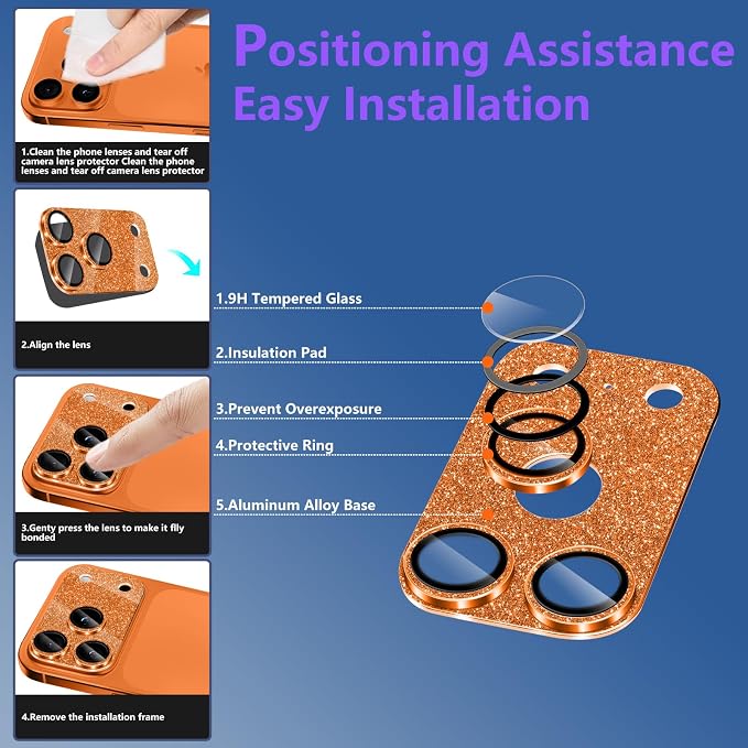 Camera Lens Protector for iPhone 17 Pro Max, Bling Glitter Camera Cover with 9H Tempered Glass Metal Ring, Anti-Scratch Lens Protector for iPhone 17 Pro Max (Glitter - Orange)
