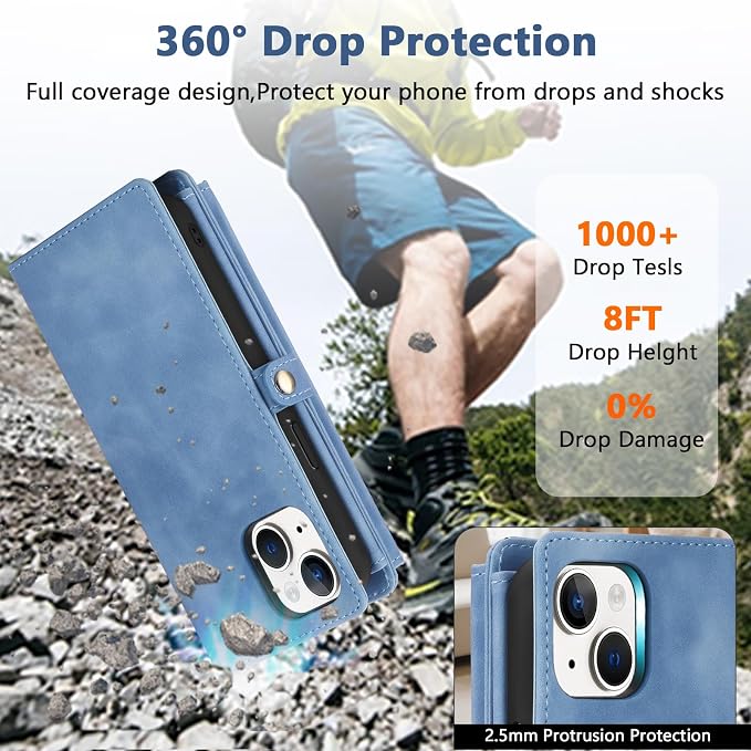 Wallet Case for iPhone 14 with Card Holder/Crossbody Wallet/Strap| RFID Blocking | Magnetic | Kickstand | Detachable | PU Leather Phone Case for iPhone 14,6.1 in,Sky Blue