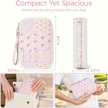 Quilted Travel Cable Organizer Pouch, Portable Electronic Accessories Carry Case, Double Layer All-in-One Storage Bag for Chargers, Cords, Phone, Gadgets (Purple Patchwork, M)