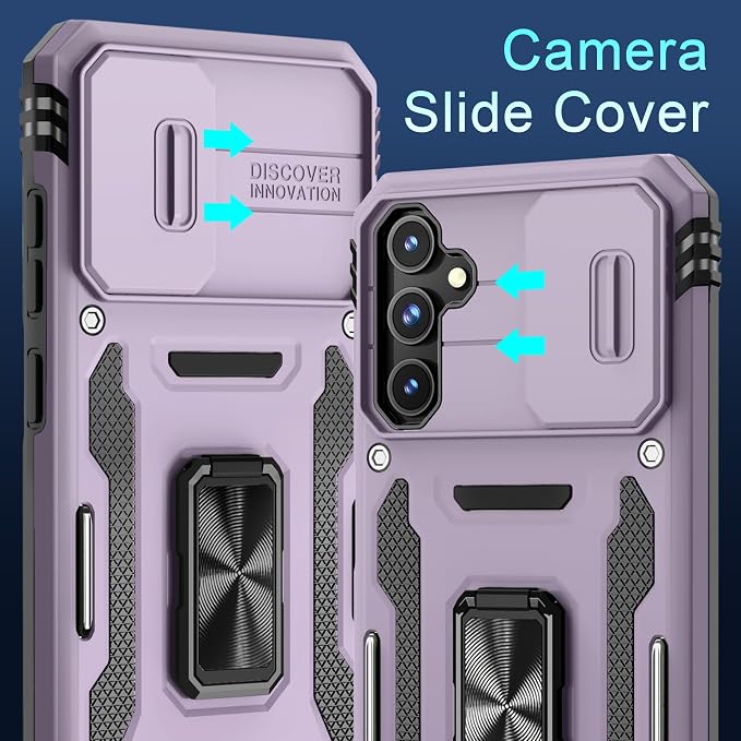 DEERLAMN Case for Samsung Galaxy S23 FE 6.4-Inch with Slide Camera Cover+Screen Protector(1 Pack),Rotated Ring Kickstand Military Grade Shockproof Protective Cover-Deep Purple