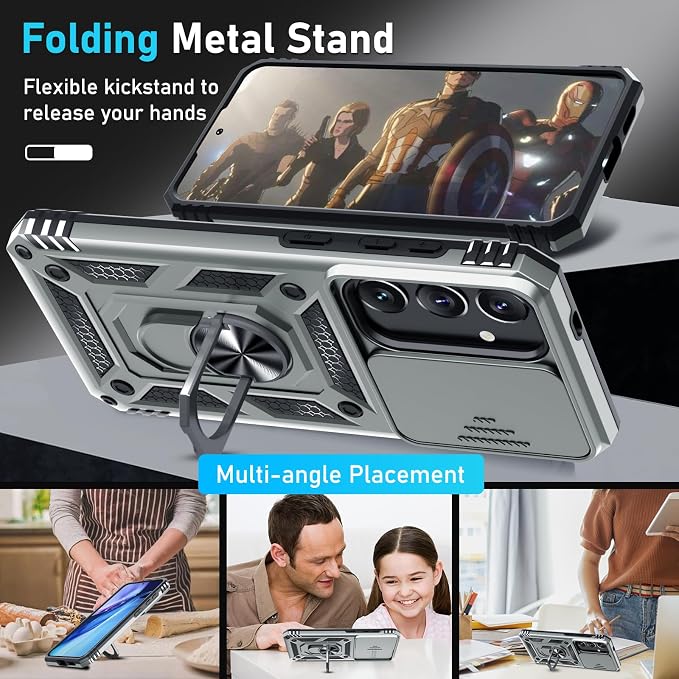 Janmitta Compatible with Samsung Galaxy S25 Plus/S24 Plus Case Built in Slide Camera Lens Cover+Screen Protector+Finger Ring Holder Kickstand,Heavy Duty Shockproof Full Body Phone Cover,Silver