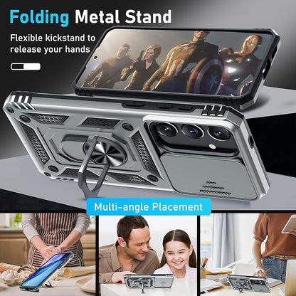 Janmitta Compatible with Samsung Galaxy S25 Plus/S24 Plus Case Built in Slide Camera Lens Cover+Screen Protector+Finger Ring Holder Kickstand,Heavy Duty Shockproof Full Body Phone Cover,Silver