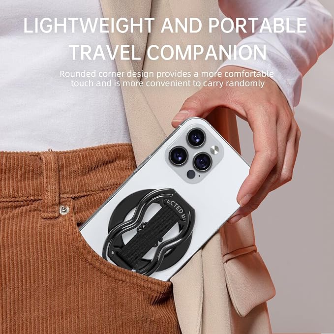 RESPECTED-BRO-Magnetic-Phone-Grip-Stand-with-Finger-Strap, 4-in-1 Magnetic Ring Holder, Kickstand and Elastic Strap for Phones, Universal Fit for iPhone 17/16/15/14/13/12, Android, and Cases (Black)