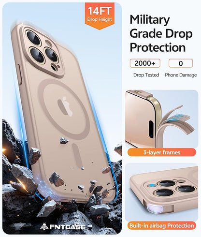 FNTCASE for iPhone 14 Pro Case: [Compatible with Magsafe] Translucent Matte Cases with [Full Camera Protection] [Screen Protector] Military Grade Shockproof Protective Phone Cover - Desert Gold