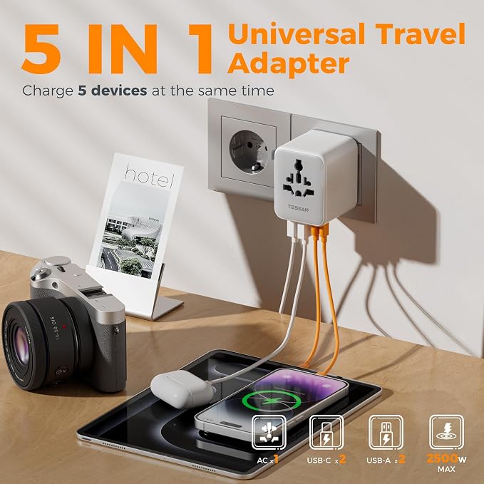 TESSAN Universal Travel Adapter, International Power Adapter | 2 USB C 2 USB A Ports, Travel Plug Adaptor Worldwide for US to Europe UK Italy Ireland Australia France Germany, Type C G A I