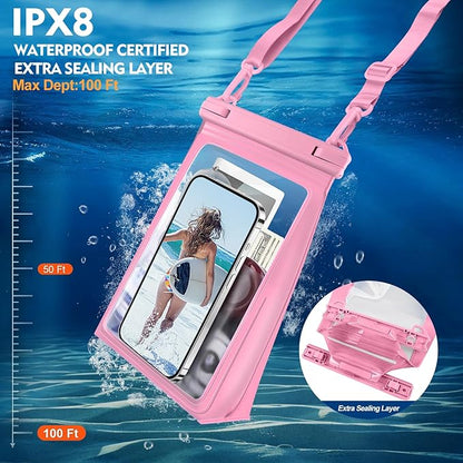 PEDVSTY Large Waterproof Phone Pouch [with Sealing Strip], Cell Phone Dry Bag for iPhone 17 16 15 14 13 Pro Max Galaxy S25 S24 S23 All Devices, Floating Water Proof Bag for Beach Water Park Hot Pink