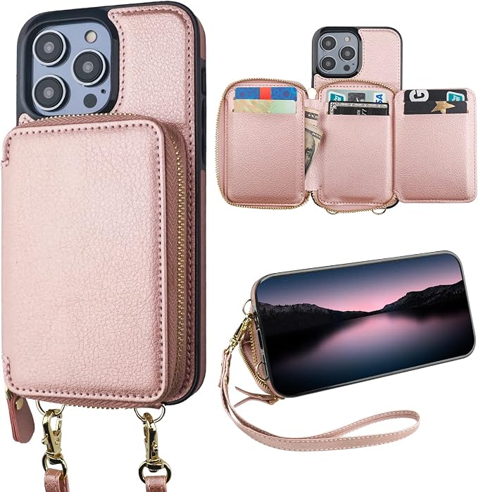 Bocasal RFID Blocking Wallet Case for iPhone 14 Pro Max, Adjustable Crossbody Zipper Purse with Kickstand and Detachable Wrist Strap, PU Leather Flip Folio Case 6.7 Inch 5G (Rose Gold)