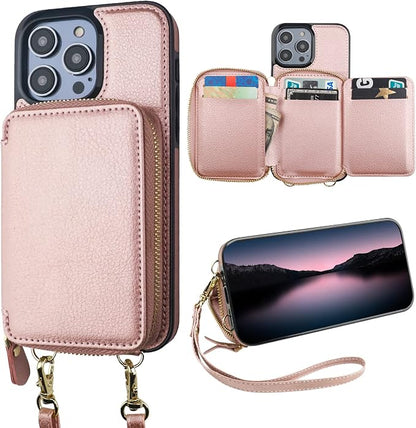 Bocasal RFID Blocking Wallet Case for iPhone 14 Pro Max, Adjustable Crossbody Zipper Purse with Kickstand and Detachable Wrist Strap, PU Leather Flip Folio Case 6.7 Inch 5G (Rose Gold)