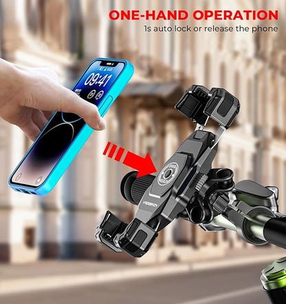 VAZESWIN Motorcycle Phone Mount with Vibration Dampener, 1s Lock Bike Phone Holder with Aluminum Alloy Handlebar Mounting Base, One-Handed Operation Motorcycle Cellphone Mount for 5.5"-7.2" Smartphone