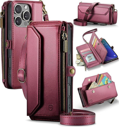 Strapurs Wallet Case Compatible with iPhone 16 Pro 6.3" RFID Blocking 10-Card Holder Soft PU Leather Magnetic Snap Shoulder Strap Zipper Pocket Phone Case Fit for iPhone 16 Pro for Women - Wine Red