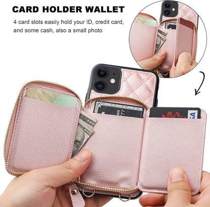 Bocasal Crossbody Wallet Case for iPhone 11, RFID Blocking PU Leather Zipper Handbag Purse Flip Cover, Kickstand Folio Case with Card Slots Holder Wrist Strap Lanyard 6.1 Inch (Rose Gold)