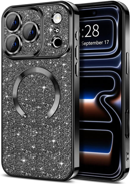 Hython for iPhone 17 Pro Case Glitter Clear Magnetic Phone Cases [Compatible with MagSafe] Full Camera Lens Protector Sparkle Luxury Plating Slim Shockproof Protective Cover Women, Black