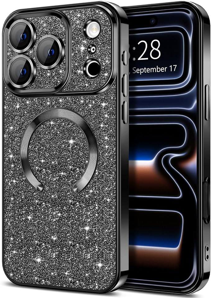 Hython for iPhone 17 Pro Max Case Glitter Clear Magnetic Phone Cases [Compatible with MagSafe] Full Camera Lens Protector Sparkle Luxury Plating Slim Shockproof Protective Cover Women, Black