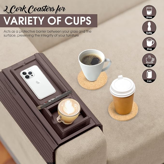 Couch Cup Holder Tray with 2 Cork Coasters, Couch Caddy, Anti-Slip Foldable Armrest Sofa Tray, Couch Armrest Table, Anti-Spill Holder for Remote, Snacks, Cellphone - Ideal Gift (Walnut)