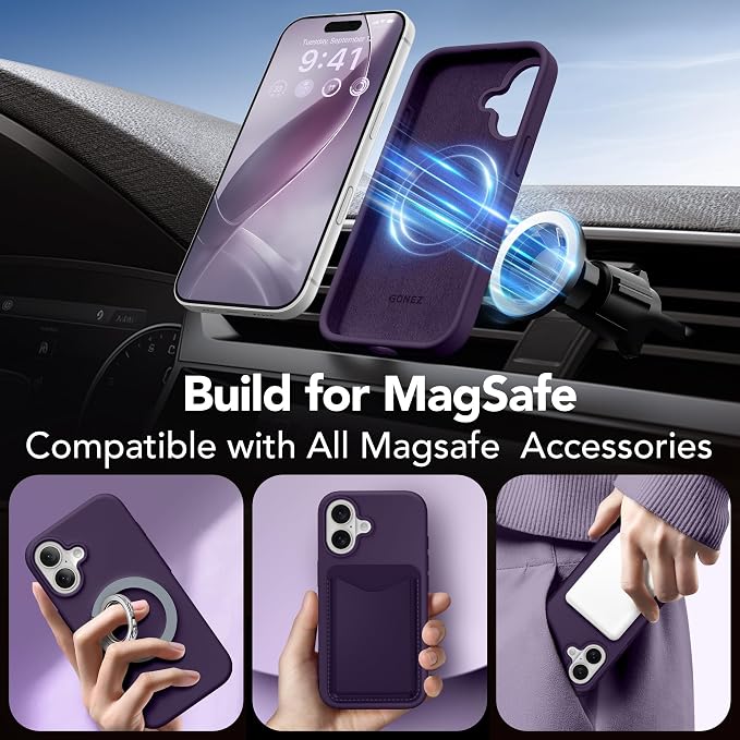 GONEZ Magnetic for iPhone 16 Case, Compatible with MagSafe, [Screen Protector + Camera Lens Protector], Liquid Silicone Shockproof Protective Phone Case for iPhone 16 6.1", Deep Purple