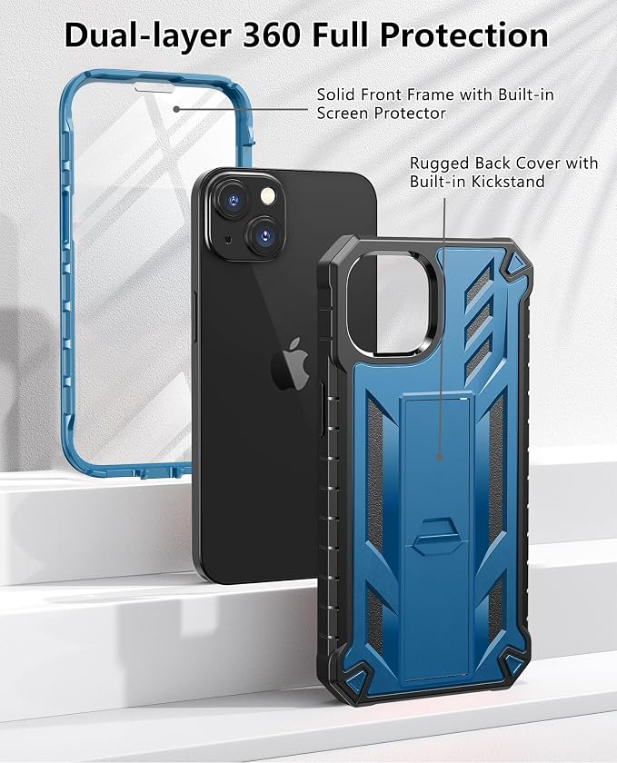SOiOS for iPhone 13/14/15 Phone Case: for iPhone 16e Protective Cover with Built-in Kickstand | Heavy Duty Military Grade Hard Protection Shock Proof | Durable Dual-Layer Design Blue