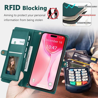 Wallet Case for iPhone 15 Plus with Card Holder/Crossbody Wallet/Strap| RFID Blocking | Magnetic | Kickstand | Detachable | PU Leather Phone Case for iPhone 15 Plus,6.7 in,Green
