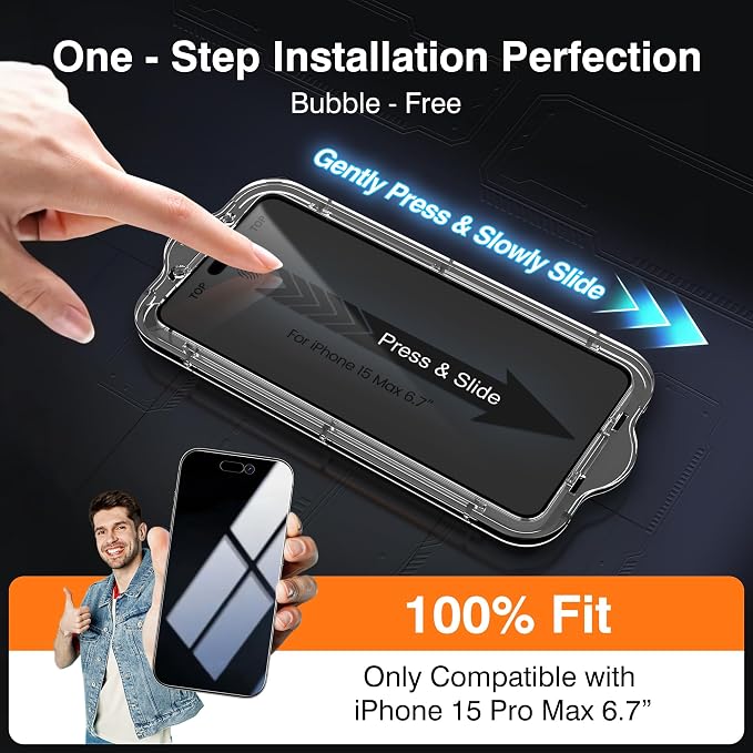 EZ-GLAZ- 4 Pack for iPhone 15 Pro Max Privacy Screen Protector [6.7"] With 2 Pack Camera Lens Protector, 9H+ Hardness 12FT Military Grade Shatterproof Scratch Resistant Durable Tempered Glass Film with Flawless Fit Kit
