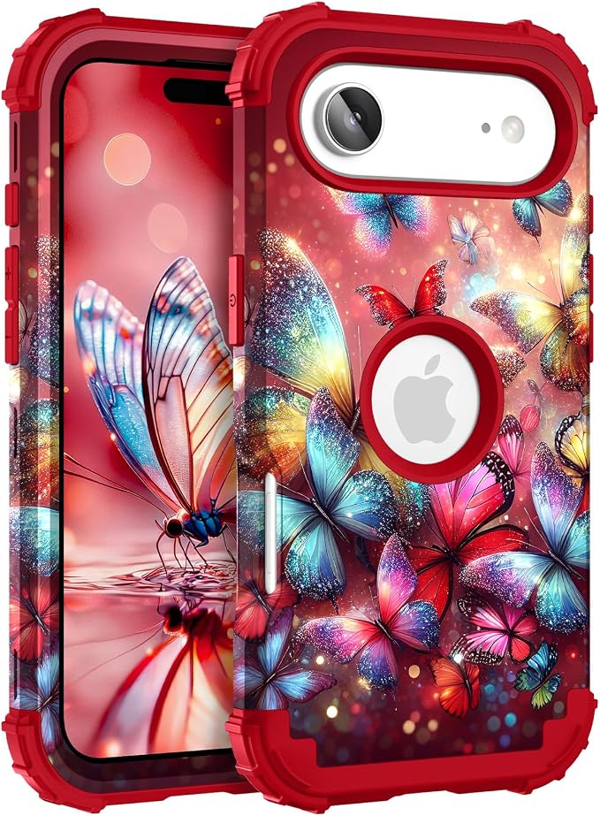 Hocase for iPhone Air Case 6.5", Heavy Duty Shockproof Protection Soft Silicone Rubber+Hard Plastic Bumpers Hybrid Protective Case for iPhone Air 2025 - Shimmering Butterflies in Red