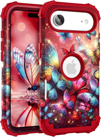 Hocase for iPhone Air Case 6.5", Heavy Duty Shockproof Protection Soft Silicone Rubber+Hard Plastic Bumpers Hybrid Protective Case for iPhone Air 2025 - Shimmering Butterflies in Red