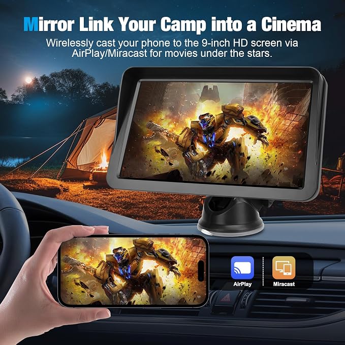 9" Wireless CarPlay Screen for Car, Apple CarPlay & Android Auto Receiver with 1080P Backup Camera, HD Touchscreen, Bluetooth, GPS, Voice Control，Universal Fit for All Cars