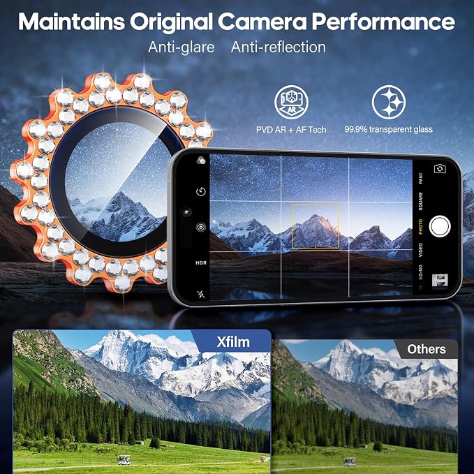 Xfilm for iPhone 17 Pro / 17 Pro Max Camera Lens Protector Gear Bling Diamond, Individual Metal with 9H Hardness, Scratch-Proof Camera Screen Protector, Stylish Accessories, Case Friendly (Orange)