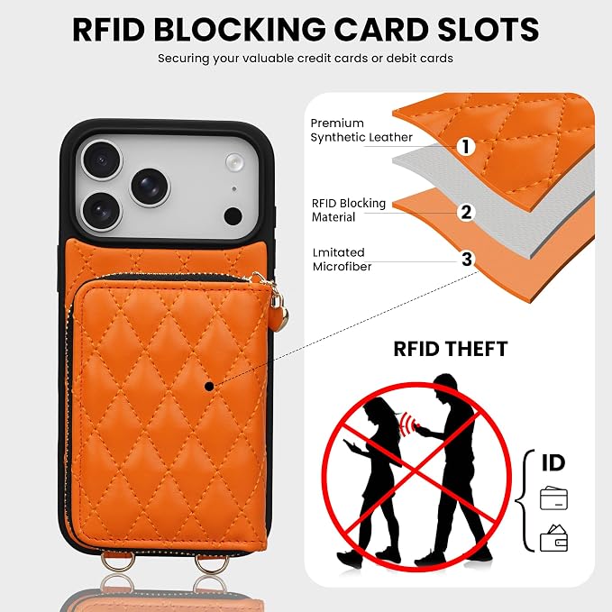Keallce for iPhone 17 Pro Max 6.9'' Wallet Case, Crossbody Zipper Purse with Wristlet for Women, RFID Blocking Card Holders, Flip Leather Case for iPhone 17 Pro Max, Orange