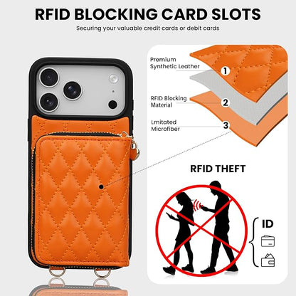 Keallce for iPhone 17 Pro Max 6.9'' Wallet Case, Crossbody Zipper Purse with Wristlet for Women, RFID Blocking Card Holders, Flip Leather Case for iPhone 17 Pro Max, Orange