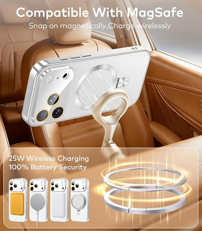 Magnetic for iPhone 17 Pro Case with Ring Stand, Fits MagSafe, with Built-in Camera Cover, Slim Electroplated Shockproof Phone Case, Silver