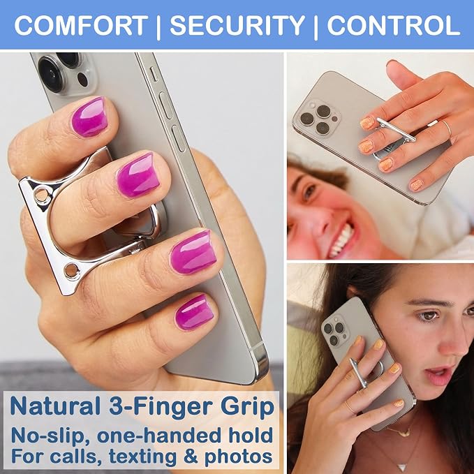 Patented 3-Finger Phone Grip & Stand - Comfortable & Secure Loop Holder for iPhone & Android - Ultra-Slim Zinc Alloy - Magnetic Mount Ready - Cell Phone Ring Alternative [Silver Chrome]