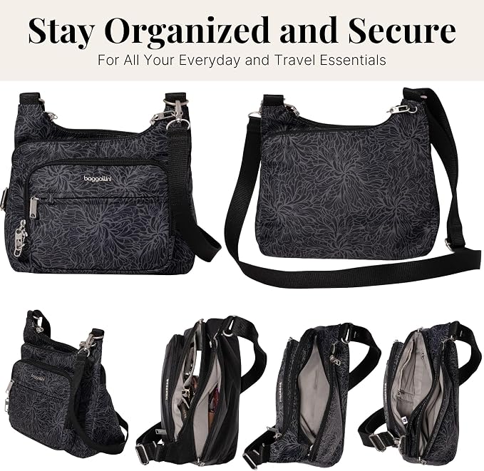 Baggallini Securtex Anti-theft Crossover Crossbody Bag 11”w X 8.5”h, Rfid, Built-in Wallet, Locking Zippers