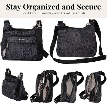 Baggallini Securtex Anti-theft Crossover Crossbody Bag 11”w X 8.5”h, Rfid, Built-in Wallet, Locking Zippers