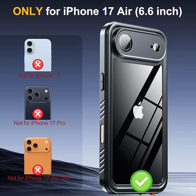 ANTSHARE for iPhone Air Case, IP68 Waterproof Shockproof Case, [Built-in Screen Protector] - 12 FT Military Dropproof - Full Body Heavy Duty Rugged Phone Cover 6.5 inches - Black/Clear